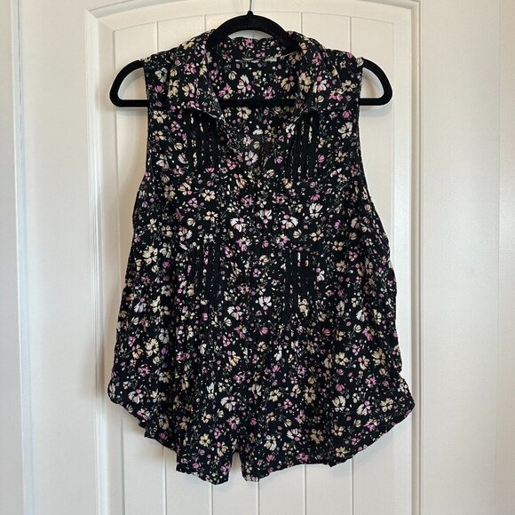 Black floral collared sleeveless tank button down women's XL flattering - Picture 1 of 7